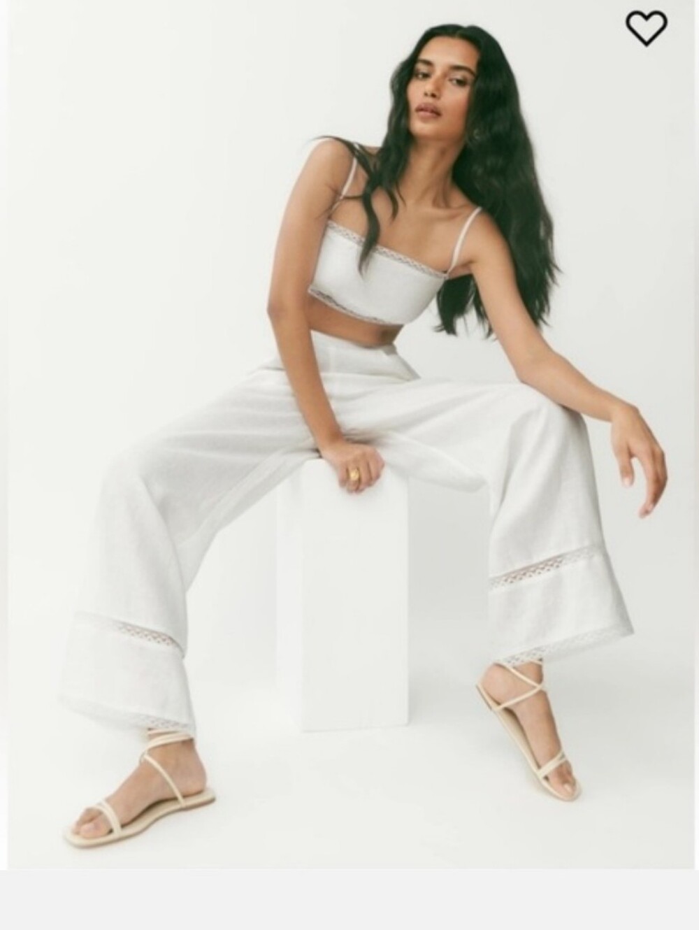 Reformation "Violet" Linen White Wide-Leg Eyelet-Trim Two Piece